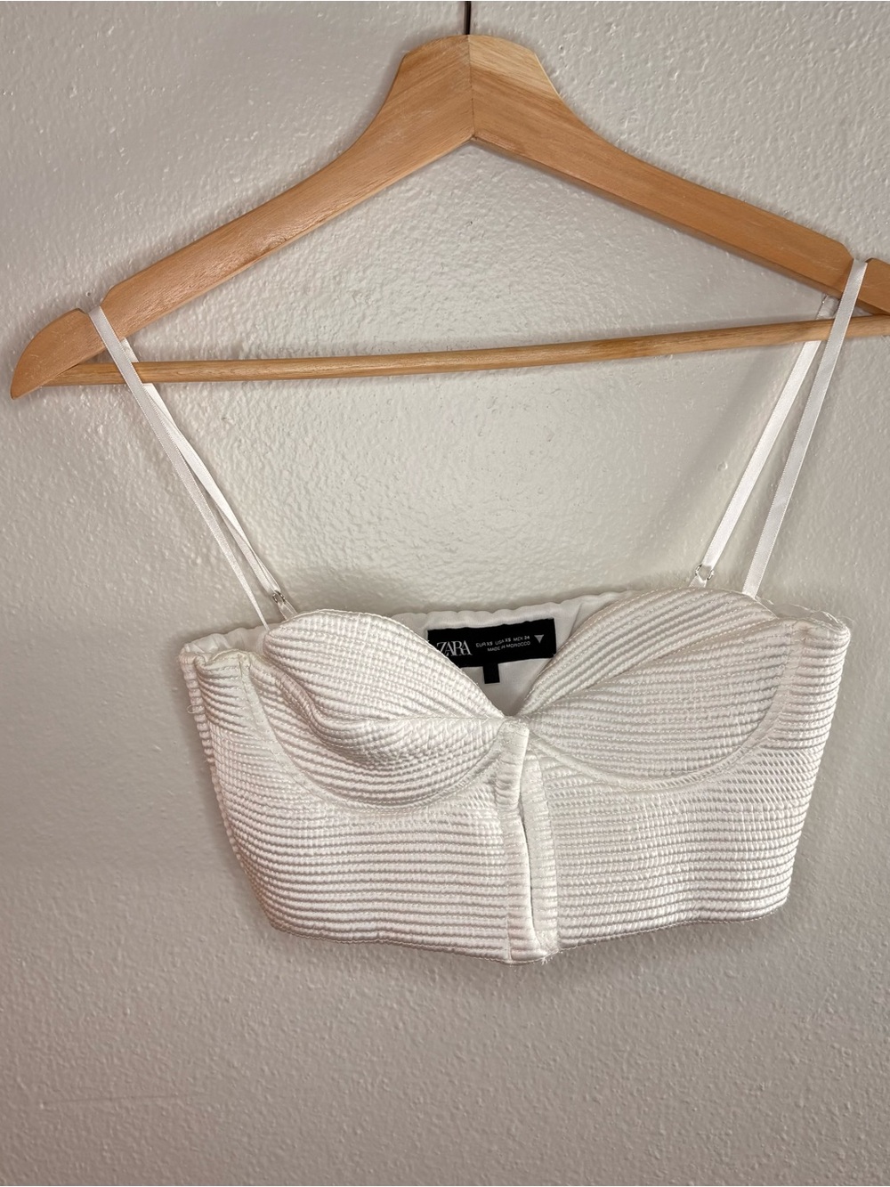 Zara White Textured Bustier Crop Top with Adjustable Straps